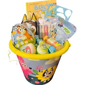 Bluey large Easter basket, bundle with Bluey baby race, book, chalk, dip and pop
